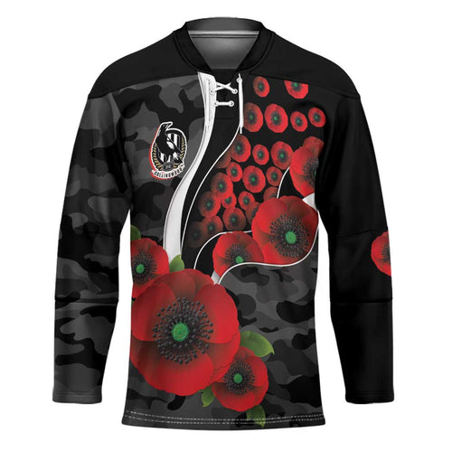 Collingwood Magpies ANZAC Personalised Hockey Jersey Lest We Forget Poppy Camo