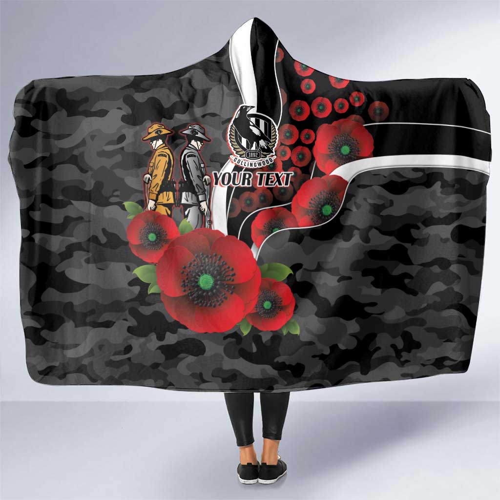Collingwood Magpies ANZAC Personalised Hooded Blanket Lest We Forget Poppy Camo