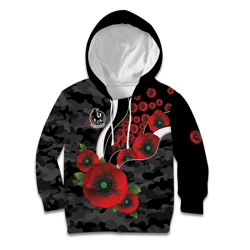 Collingwood Magpies ANZAC Personalised Kid Hoodie Lest We Forget Poppy Camo