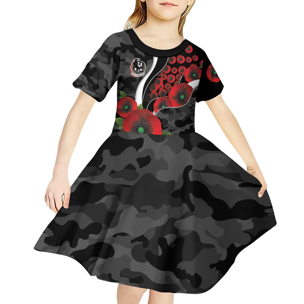 Collingwood Magpies ANZAC Personalised Kid Short Sleeve Dress Lest We Forget Poppy Camo