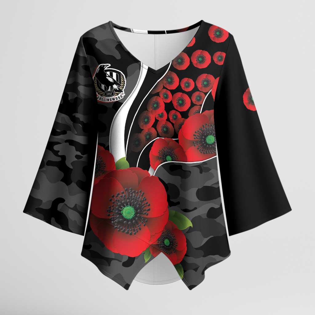 Collingwood Magpies ANZAC Personalised Kimono Sleeve Blouse Lest We Forget Poppy Camo