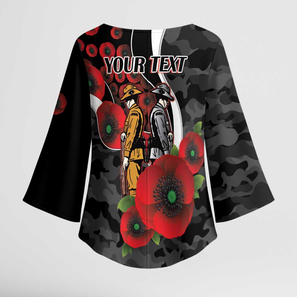 Collingwood Magpies ANZAC Personalised Kimono Sleeve Blouse Lest We Forget Poppy Camo