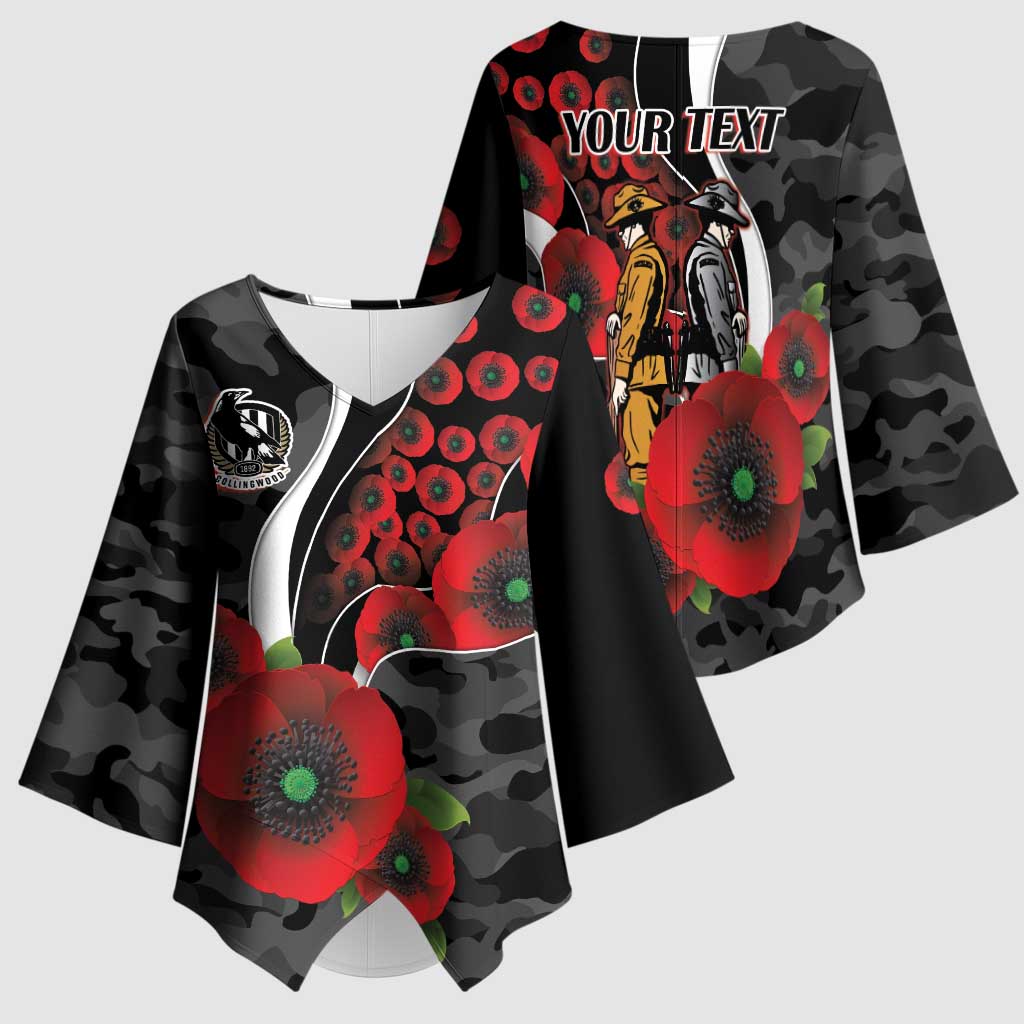 Collingwood Magpies ANZAC Personalised Kimono Sleeve Blouse Lest We Forget Poppy Camo