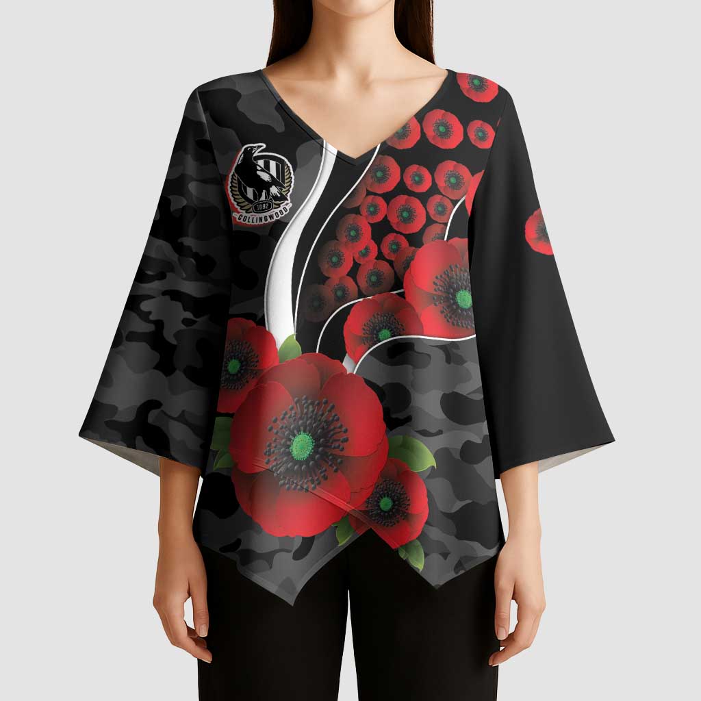 Collingwood Magpies ANZAC Personalised Kimono Sleeve Blouse Lest We Forget Poppy Camo
