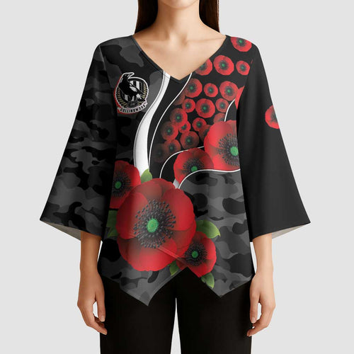 Collingwood Magpies ANZAC Personalised Kimono Sleeve Blouse Lest We Forget Poppy Camo