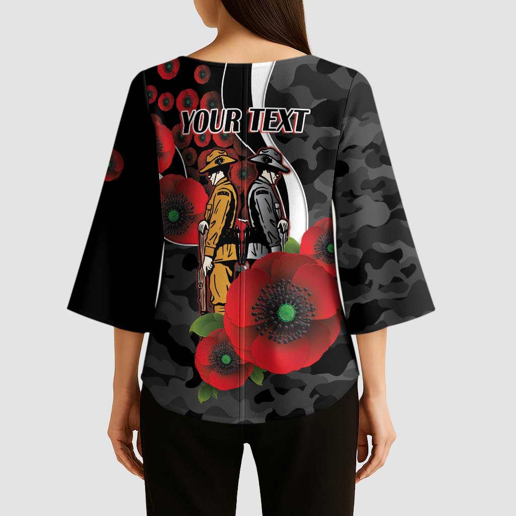 Collingwood Magpies ANZAC Personalised Kimono Sleeve Blouse Lest We Forget Poppy Camo