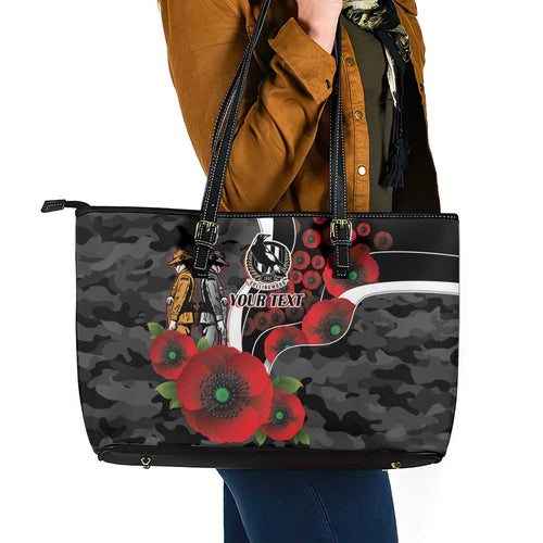 Collingwood Magpies ANZAC Personalised Leather Tote Bag Lest We Forget Poppy Camo