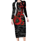 Collingwood Magpies ANZAC Personalised Long Sleeve Bodycon Dress Lest We Forget Poppy Camo
