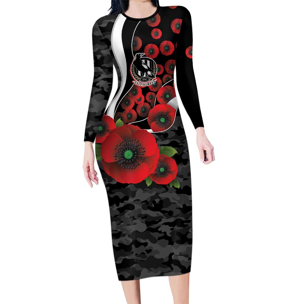 Collingwood Magpies ANZAC Personalised Long Sleeve Bodycon Dress Lest We Forget Poppy Camo