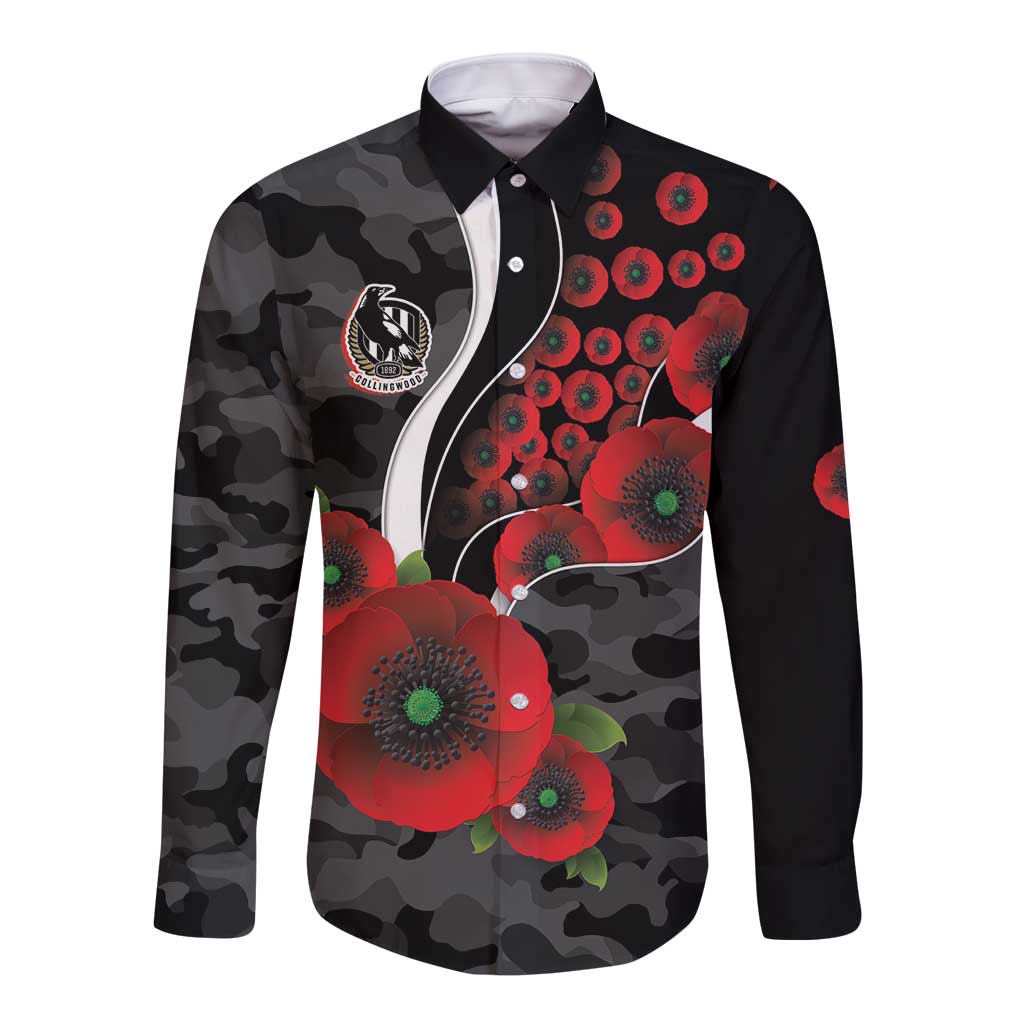 Collingwood Magpies ANZAC Personalised Long Sleeve Button Shirt Lest We Forget Poppy Camo