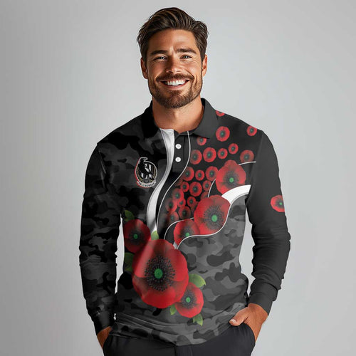 Collingwood Magpies ANZAC Personalised Long Sleeve Polo Shirt Lest We Forget Poppy Camo