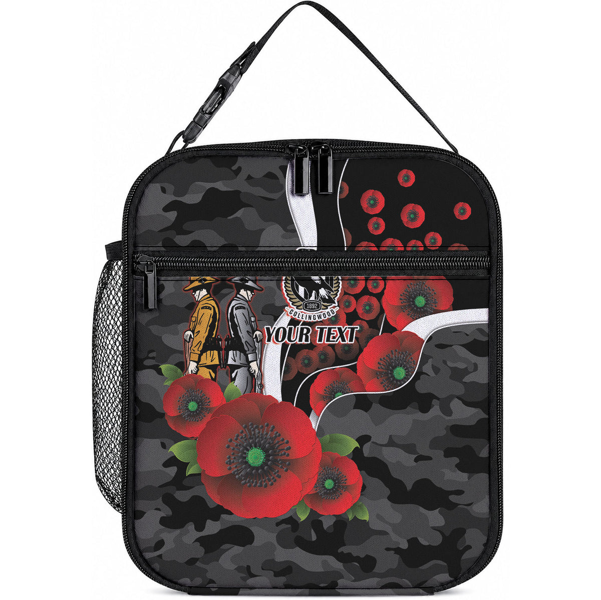 Collingwood Magpies ANZAC Personalised Lunch Bag Lest We Forget Poppy Camo