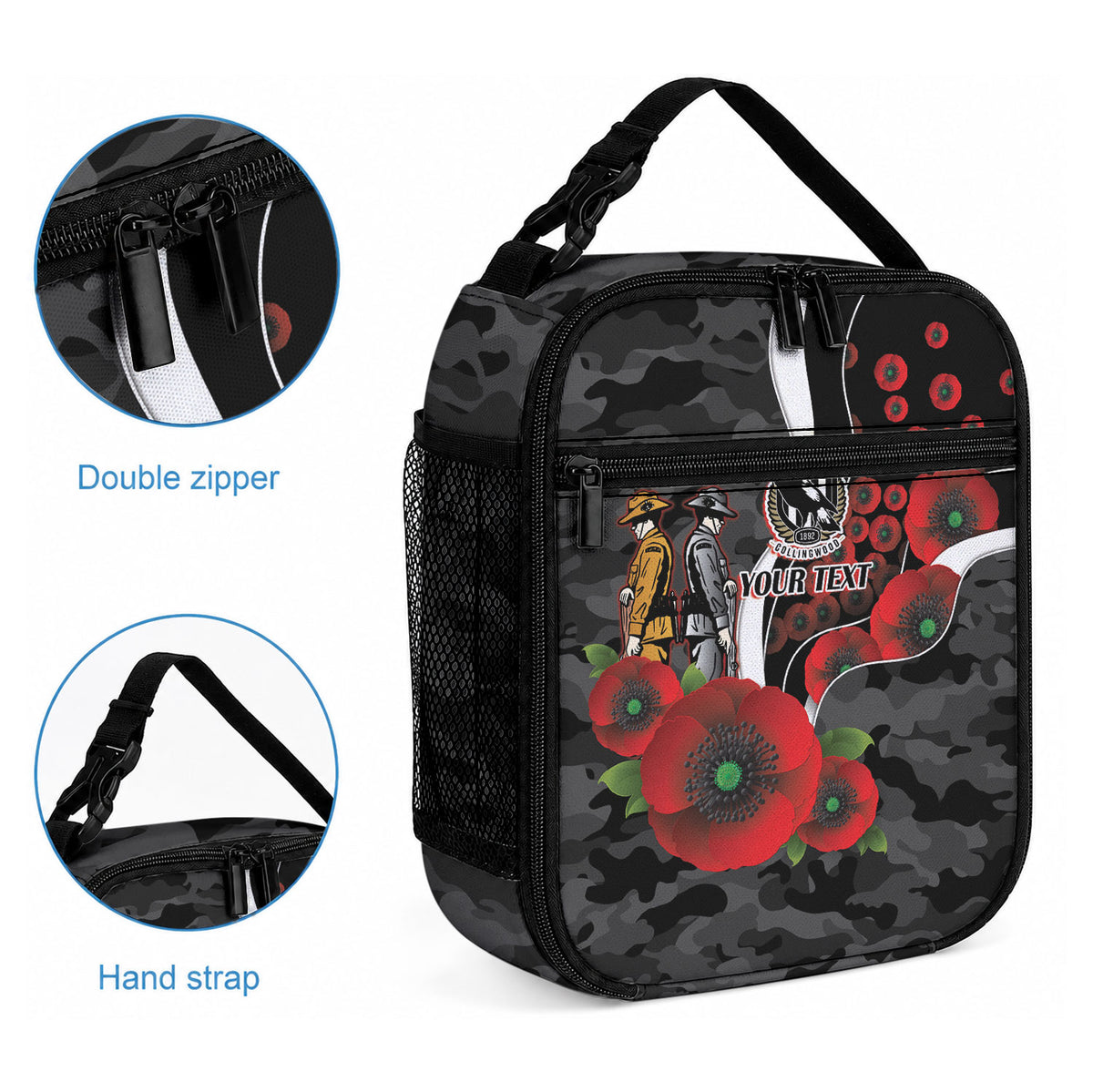 Collingwood Magpies ANZAC Personalised Lunch Bag Lest We Forget Poppy Camo