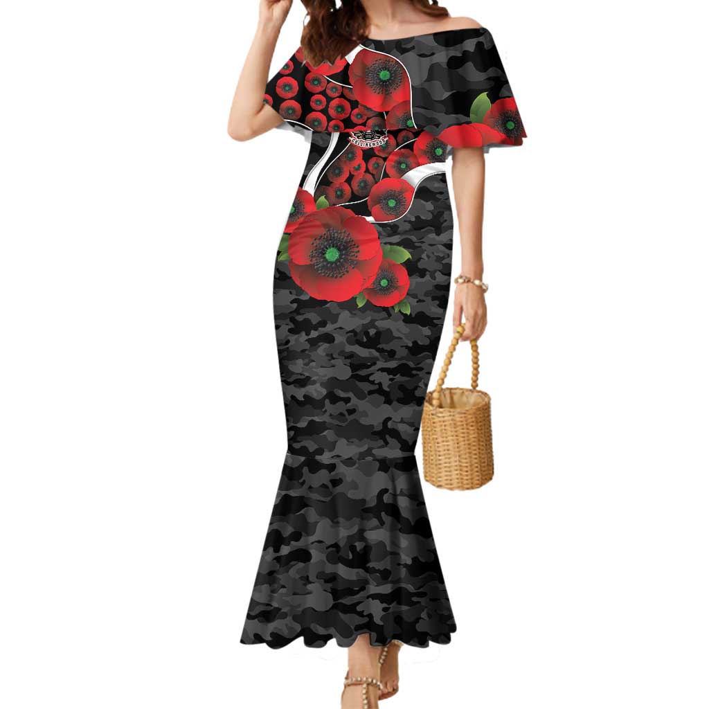 Collingwood Magpies ANZAC Personalised Mermaid Dress Lest We Forget Poppy Camo