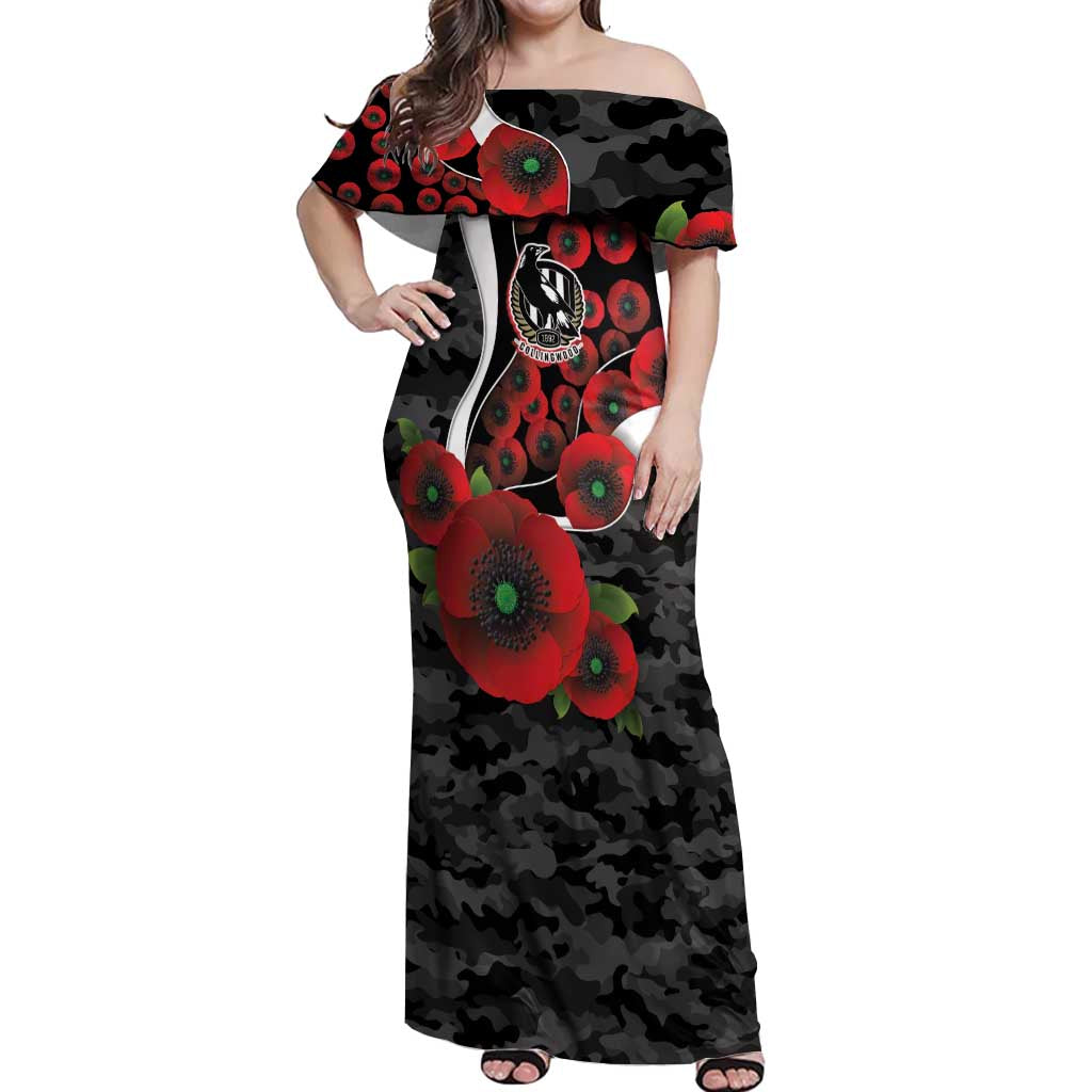 Collingwood Magpies ANZAC Personalised Off Shoulder Maxi Dress Lest We Forget Poppy Camo