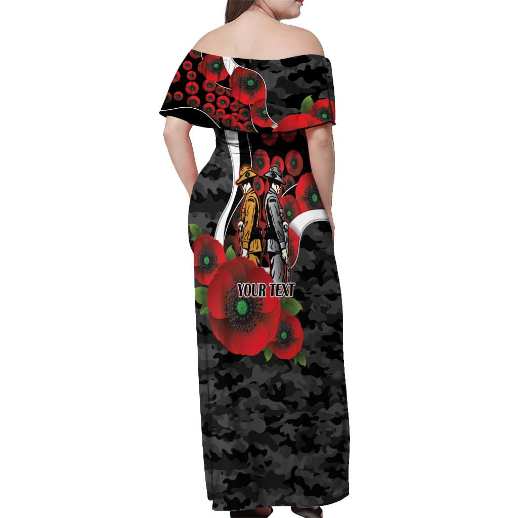Collingwood Magpies ANZAC Personalised Off Shoulder Maxi Dress Lest We Forget Poppy Camo