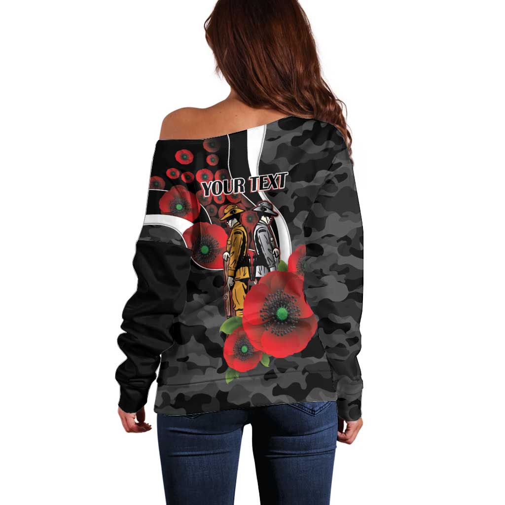 Collingwood Magpies ANZAC Personalised Off Shoulder Sweater Lest We Forget Poppy Camo