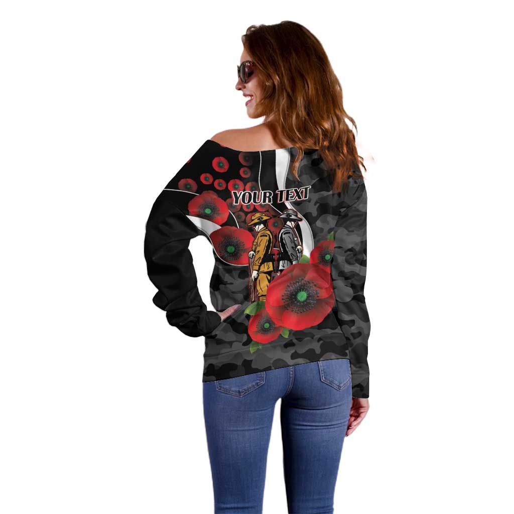 Collingwood Magpies ANZAC Personalised Off Shoulder Sweater Lest We Forget Poppy Camo