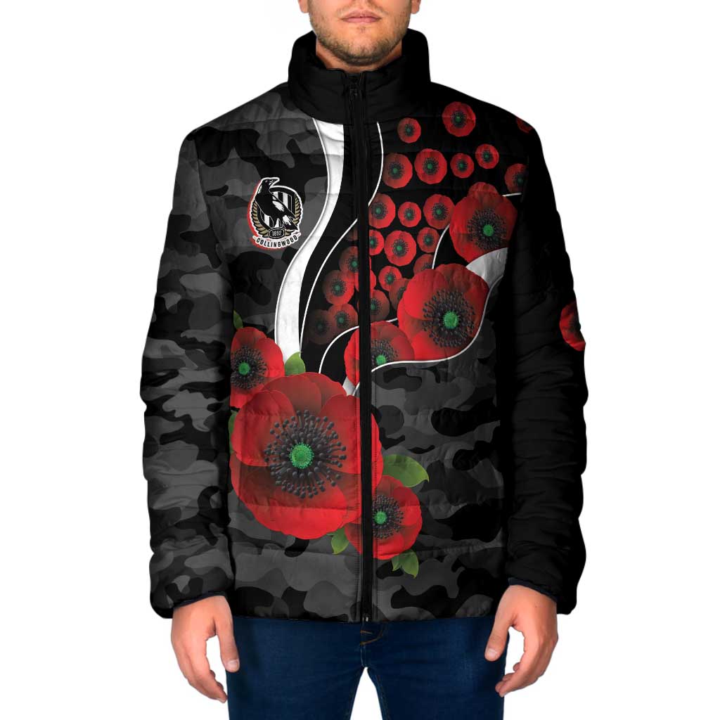 Collingwood Magpies ANZAC Personalised Padded Jacket Lest We Forget Poppy Camo