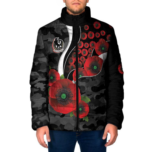 Collingwood Magpies ANZAC Personalised Padded Jacket Lest We Forget Poppy Camo