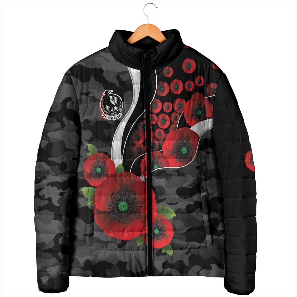 Collingwood Magpies ANZAC Personalised Padded Jacket Lest We Forget Poppy Camo