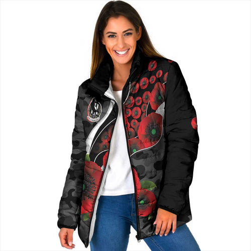Collingwood Magpies ANZAC Personalised Padded Jacket Lest We Forget Poppy Camo