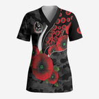 Collingwood Magpies ANZAC Personalised Scrub Top Lest We Forget Poppy Camo
