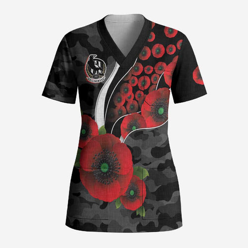 Collingwood Magpies ANZAC Personalised Scrub Top Lest We Forget Poppy Camo