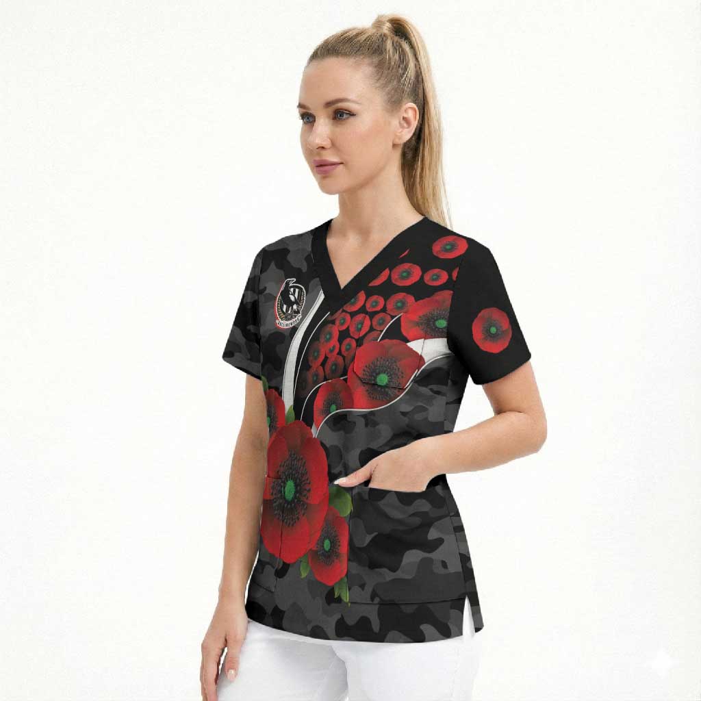 Collingwood Magpies ANZAC Personalised Scrub Top Lest We Forget Poppy Camo