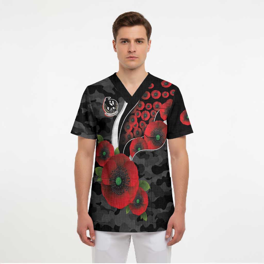 Collingwood Magpies ANZAC Personalised Scrub Top Lest We Forget Poppy Camo