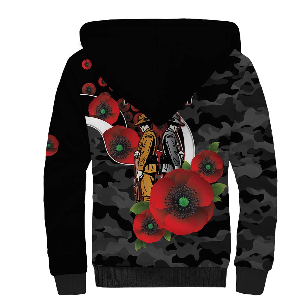 Collingwood Magpies ANZAC Personalised Sherpa Hoodie Lest We Forget Poppy Camo