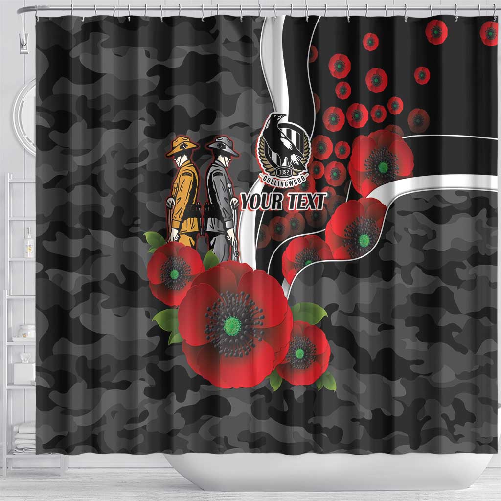 Collingwood Magpies ANZAC Personalised Shower Curtain Lest We Forget Poppy Camo