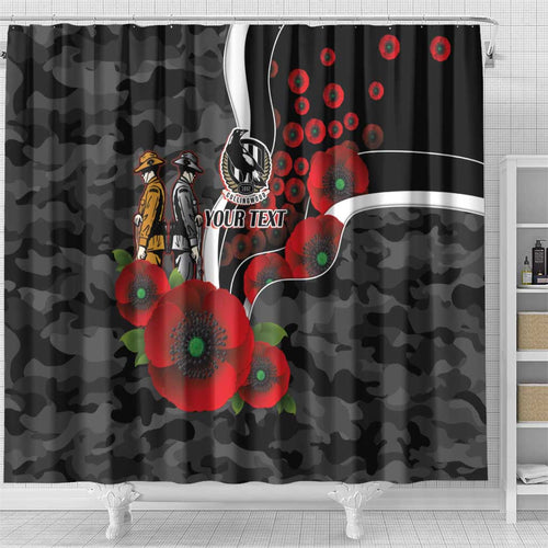 Collingwood Magpies ANZAC Personalised Shower Curtain Lest We Forget Poppy Camo