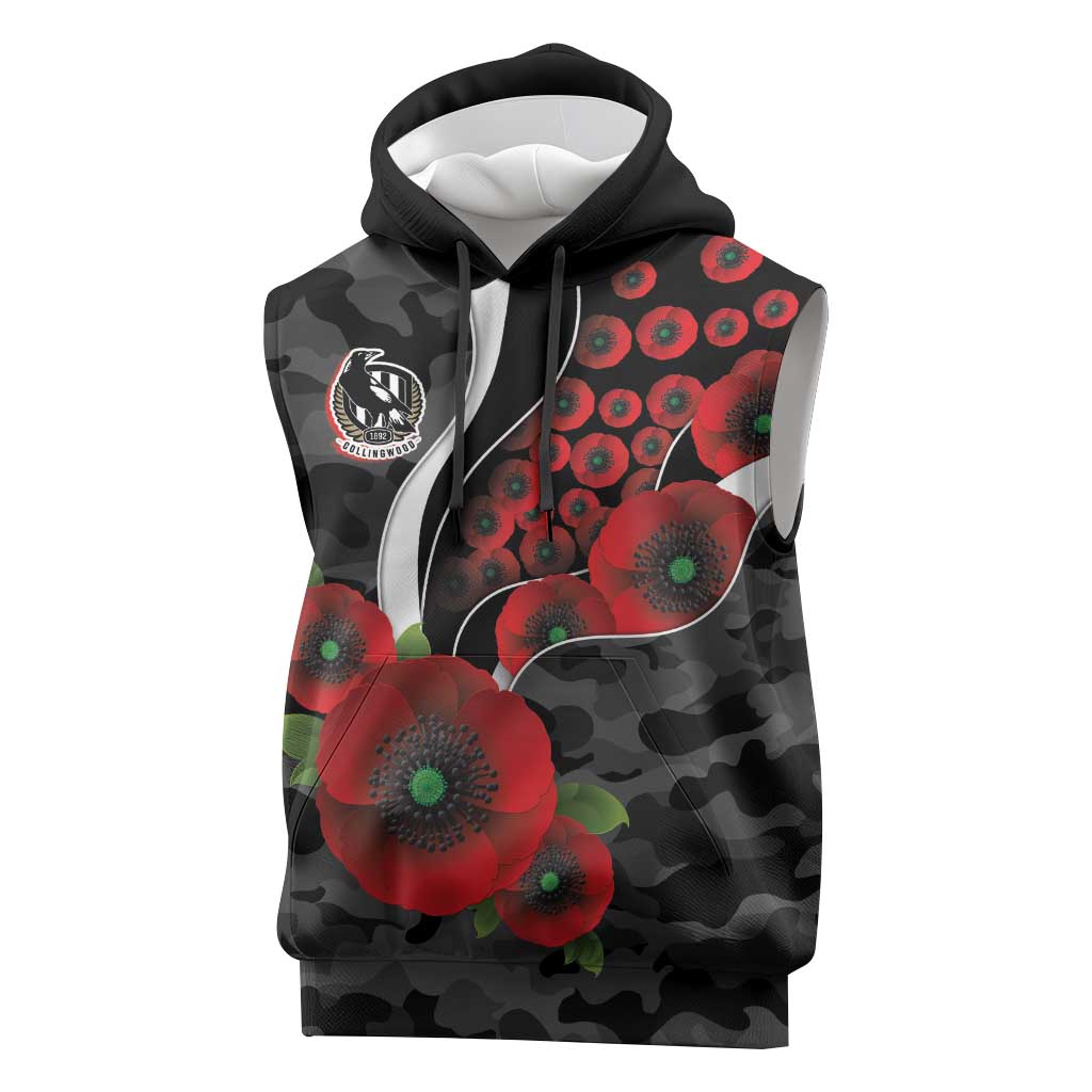 Collingwood Magpies ANZAC Personalised Sleeveless Hoodie Lest We Forget Poppy Camo