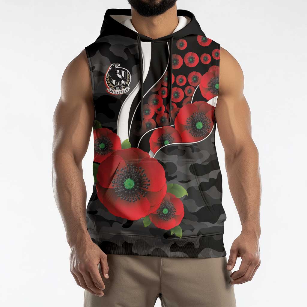 Collingwood Magpies ANZAC Personalised Sleeveless Hoodie Lest We Forget Poppy Camo