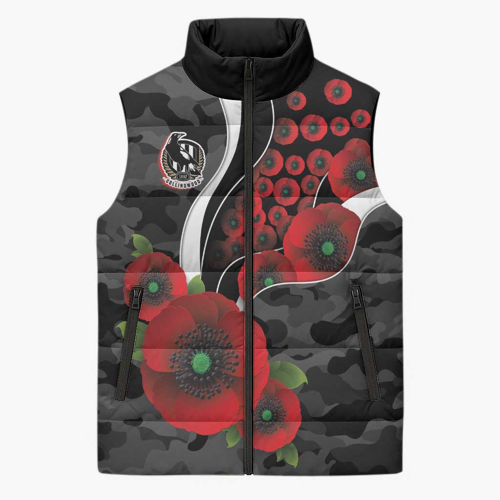 Collingwood Magpies ANZAC Personalised Sleeveless Puffer Jacket Lest We Forget Poppy Camo