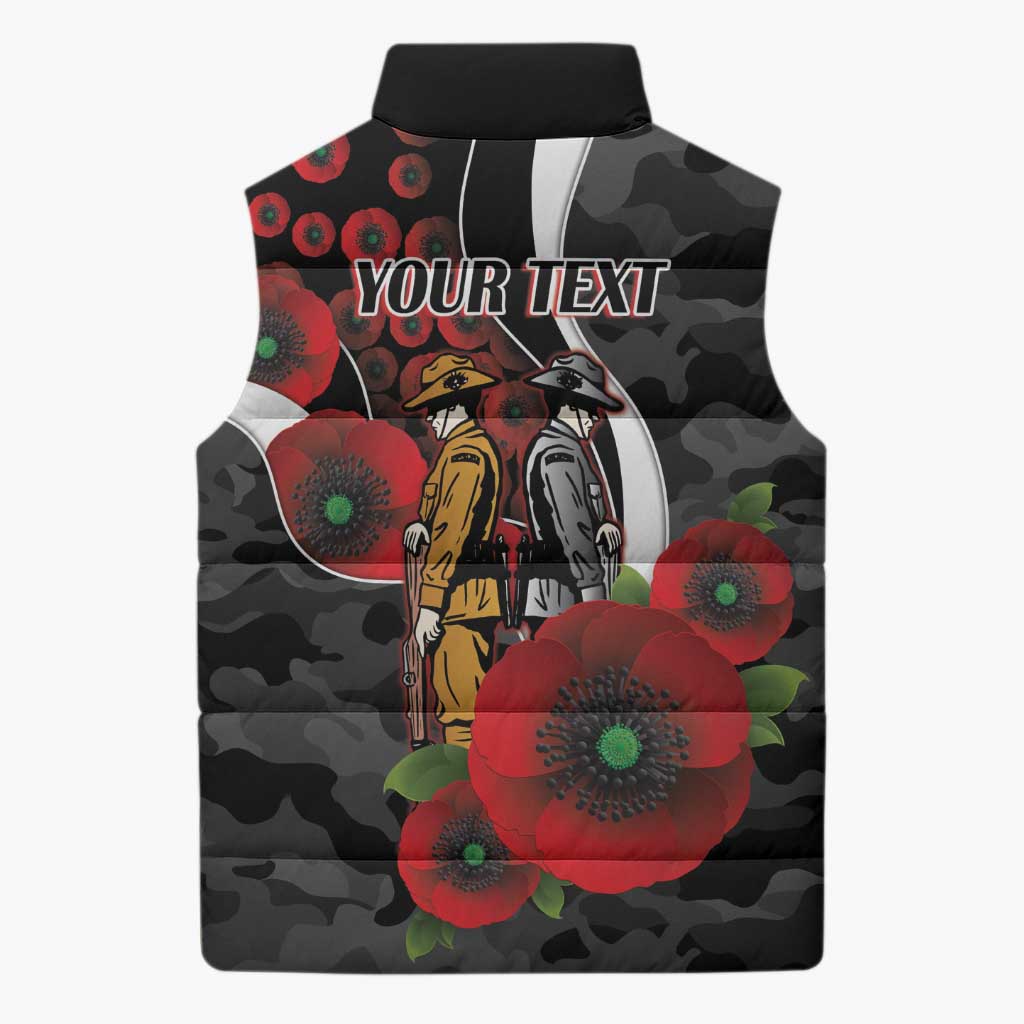 Collingwood Magpies ANZAC Personalised Sleeveless Puffer Jacket Lest We Forget Poppy Camo