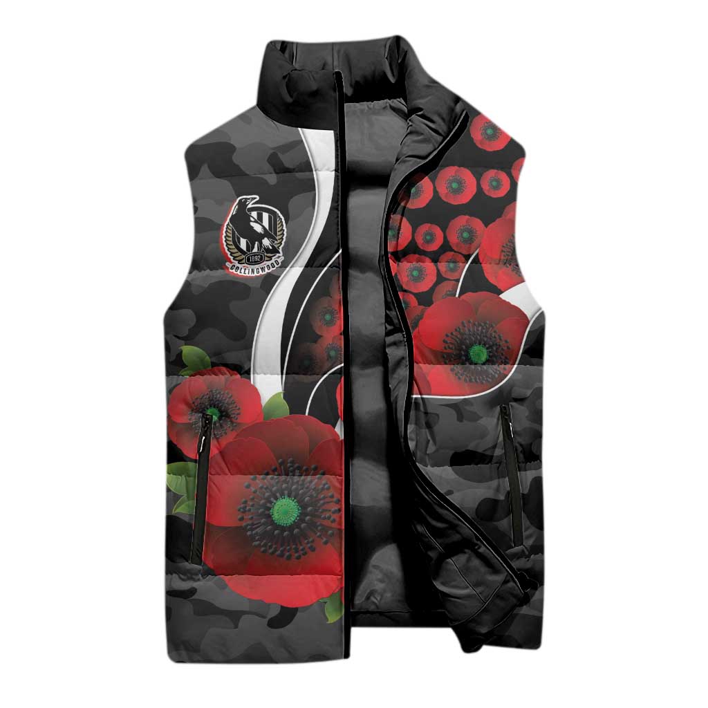 Collingwood Magpies ANZAC Personalised Sleeveless Puffer Jacket Lest We Forget Poppy Camo