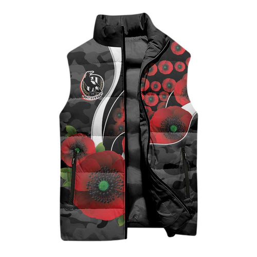 Collingwood Magpies ANZAC Personalised Sleeveless Puffer Jacket Lest We Forget Poppy Camo