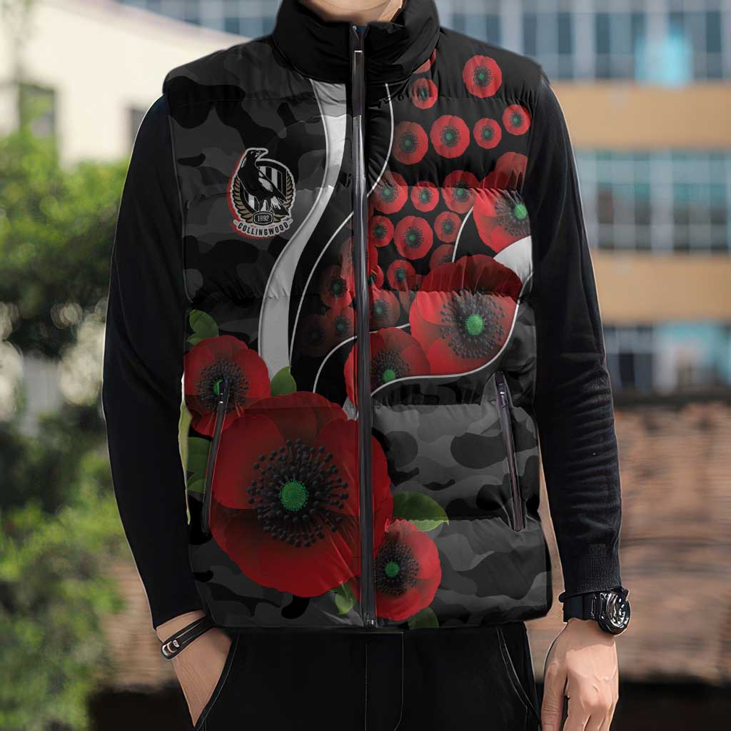 Collingwood Magpies ANZAC Personalised Sleeveless Puffer Jacket Lest We Forget Poppy Camo