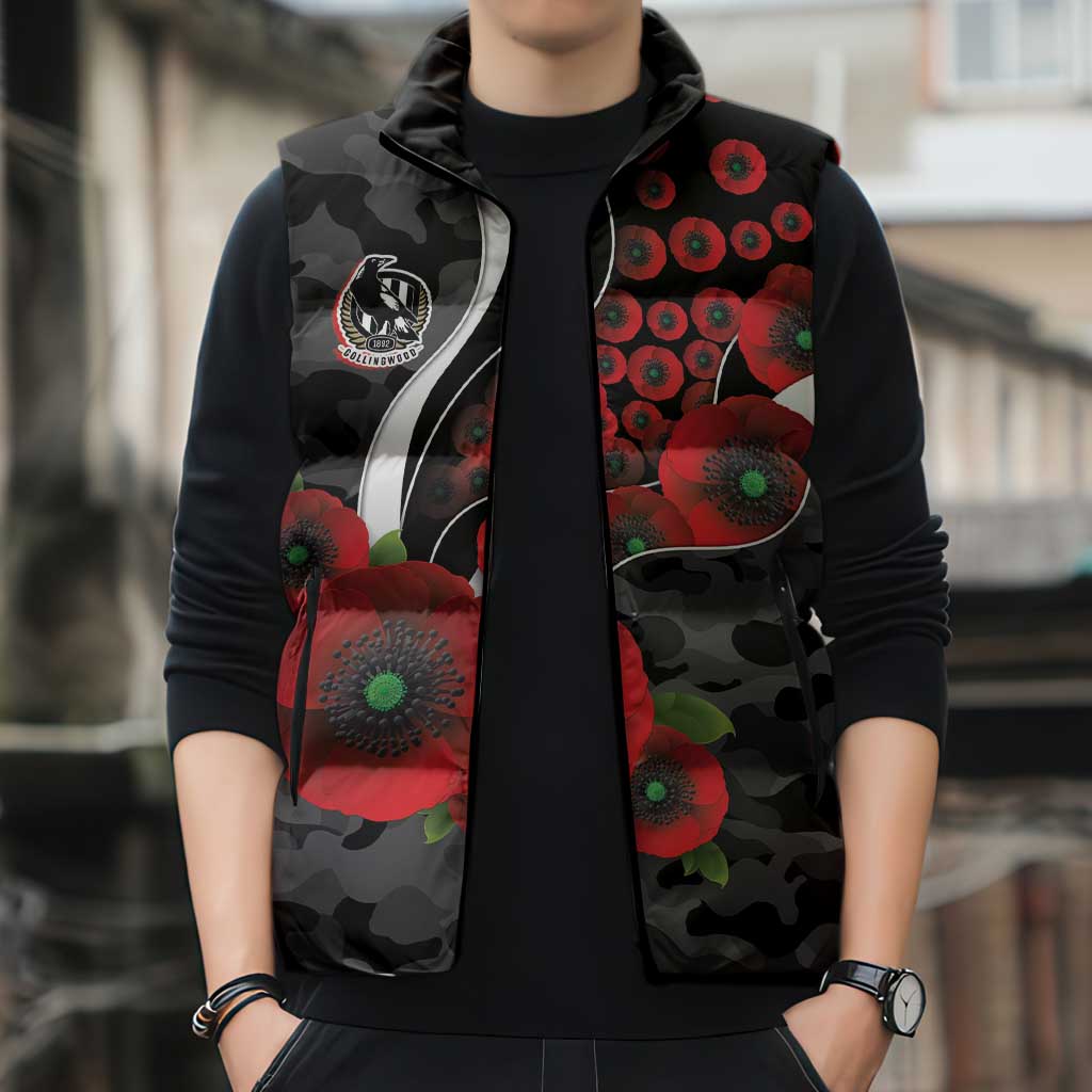 Collingwood Magpies ANZAC Personalised Sleeveless Puffer Jacket Lest We Forget Poppy Camo