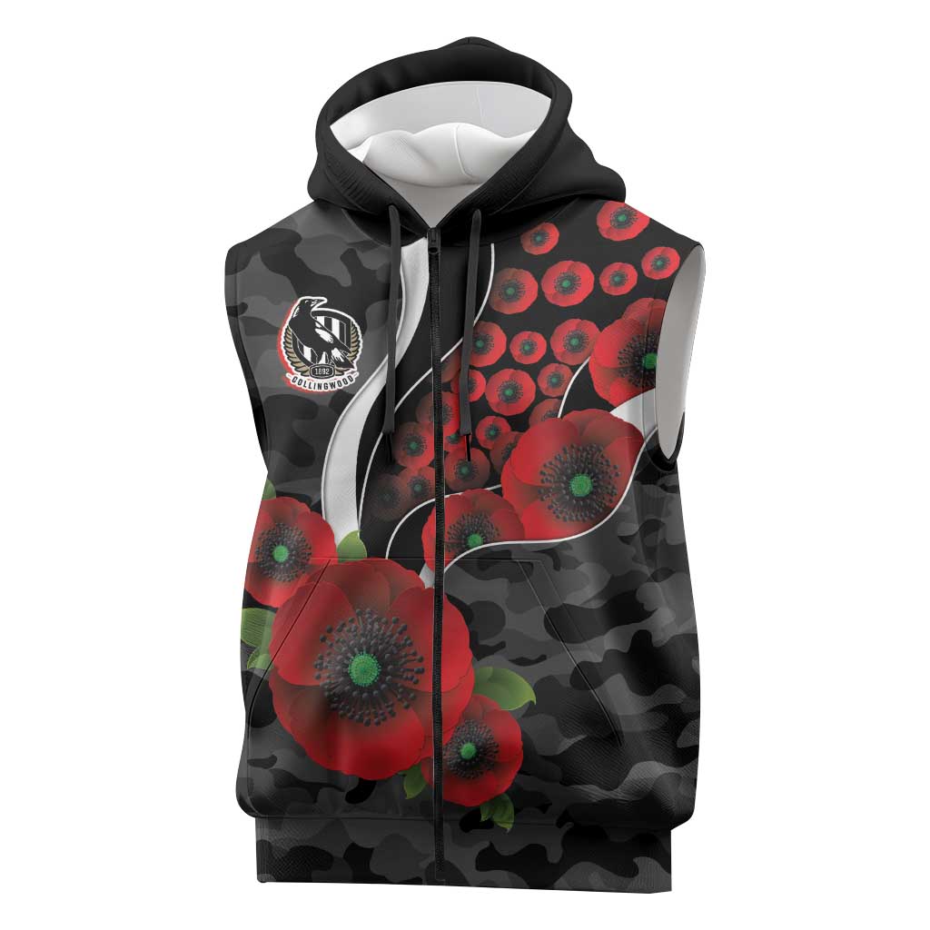 Collingwood Magpies ANZAC Personalised Sleeveless Zip Hoodie Lest We Forget Poppy Camo