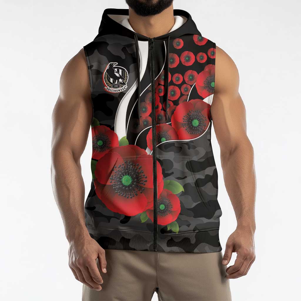 Collingwood Magpies ANZAC Personalised Sleeveless Zip Hoodie Lest We Forget Poppy Camo