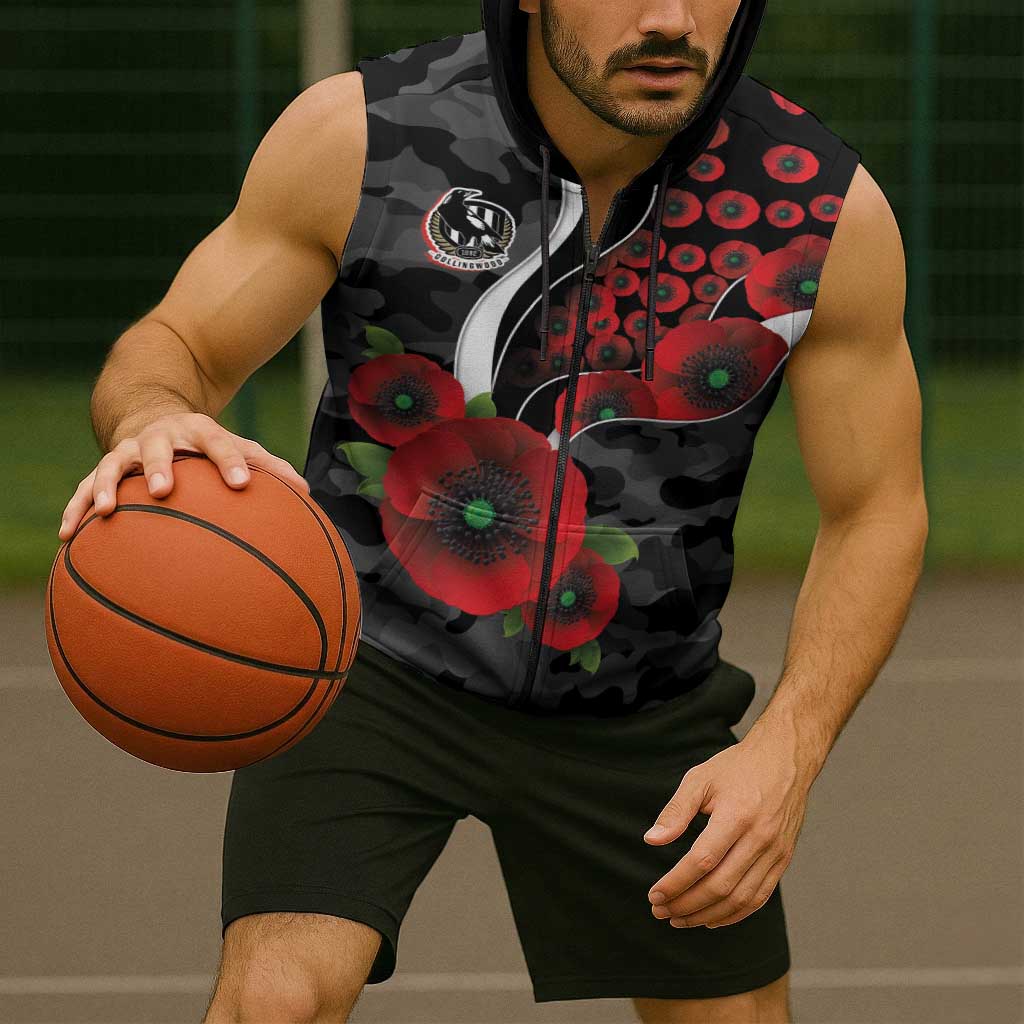 Collingwood Magpies ANZAC Personalised Sleeveless Zip Hoodie Lest We Forget Poppy Camo