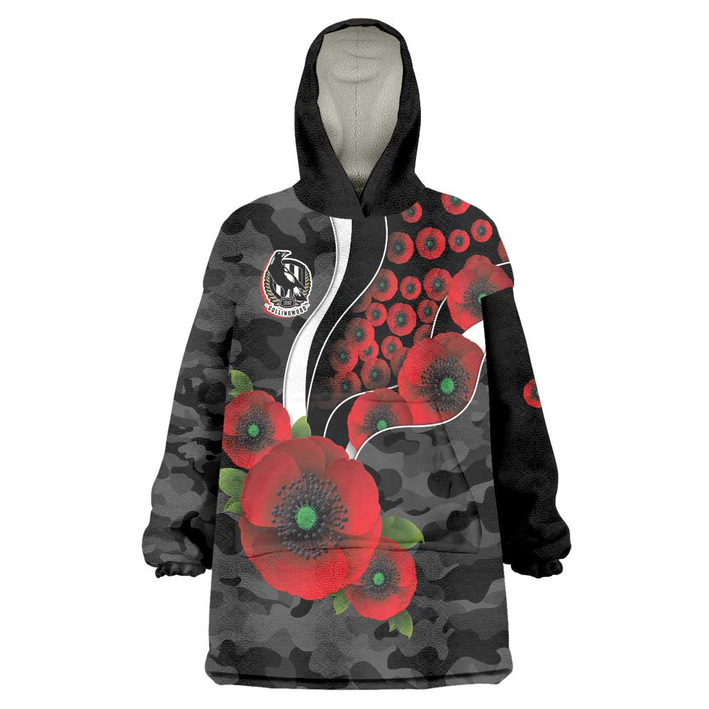 Collingwood Magpies ANZAC Personalised Wearable Blanket Hoodie Lest We Forget Poppy Camo