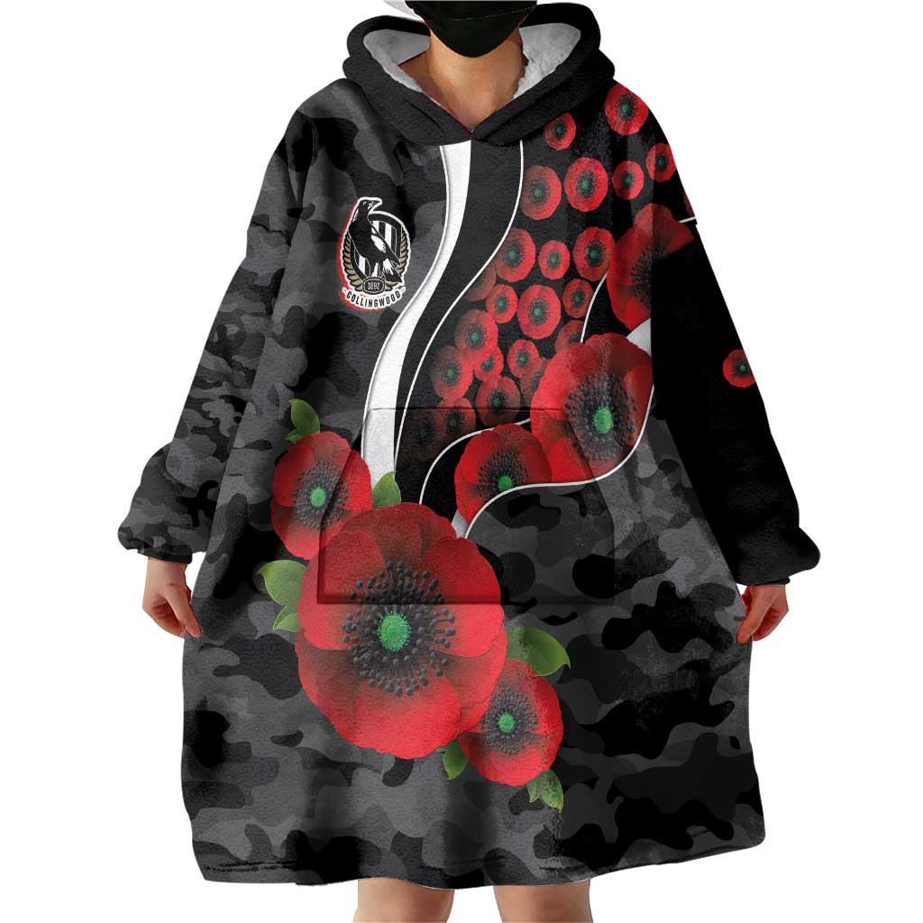 Collingwood Magpies ANZAC Personalised Wearable Blanket Hoodie Lest We Forget Poppy Camo