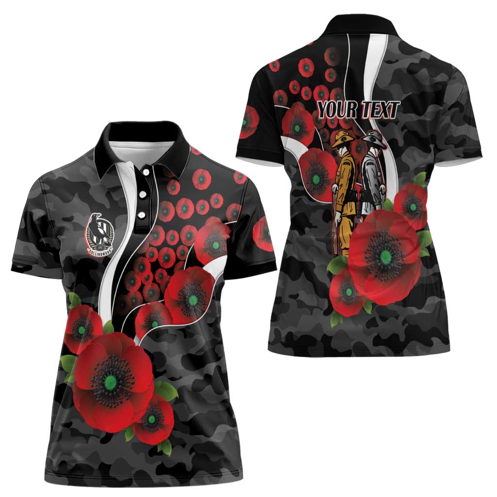 Collingwood Magpies ANZAC Personalised Women Polo Shirt Lest We Forget Poppy Camo