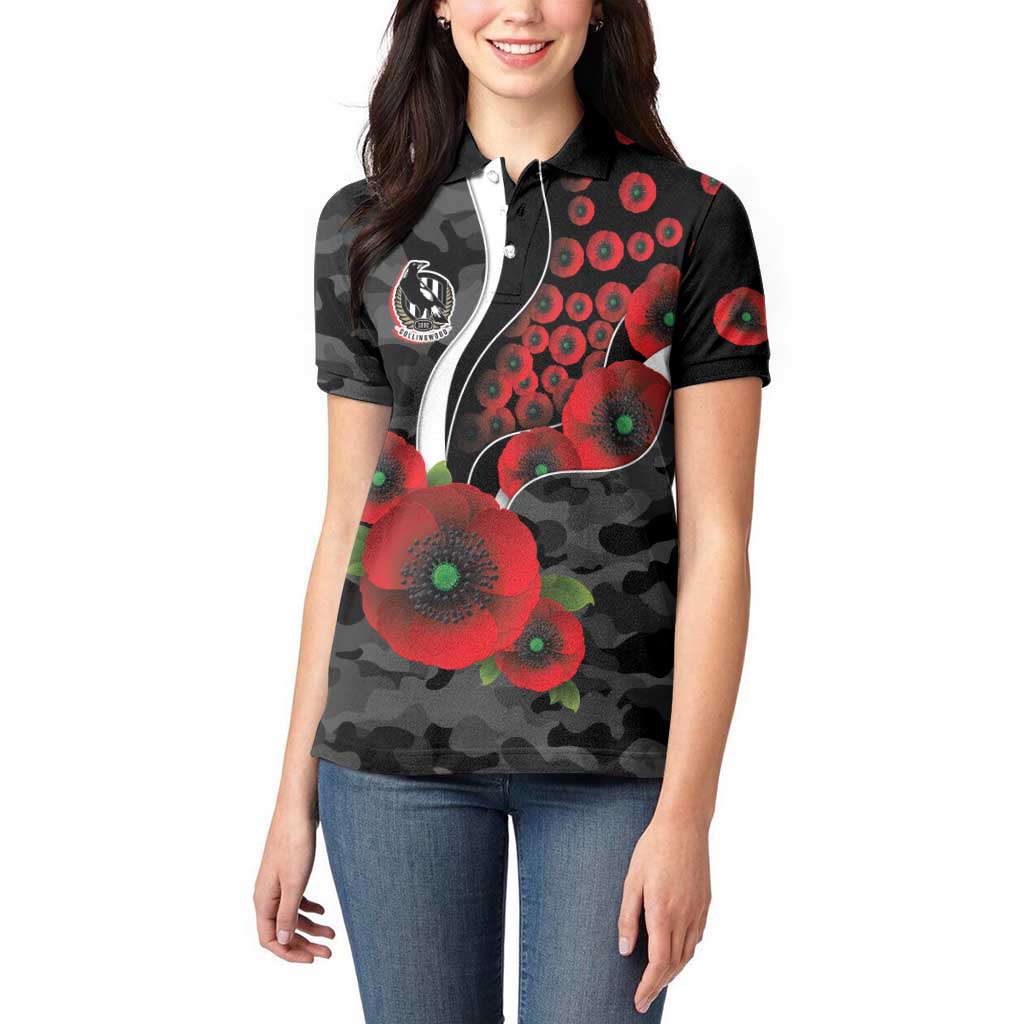 Collingwood Magpies ANZAC Personalised Women Polo Shirt Lest We Forget Poppy Camo