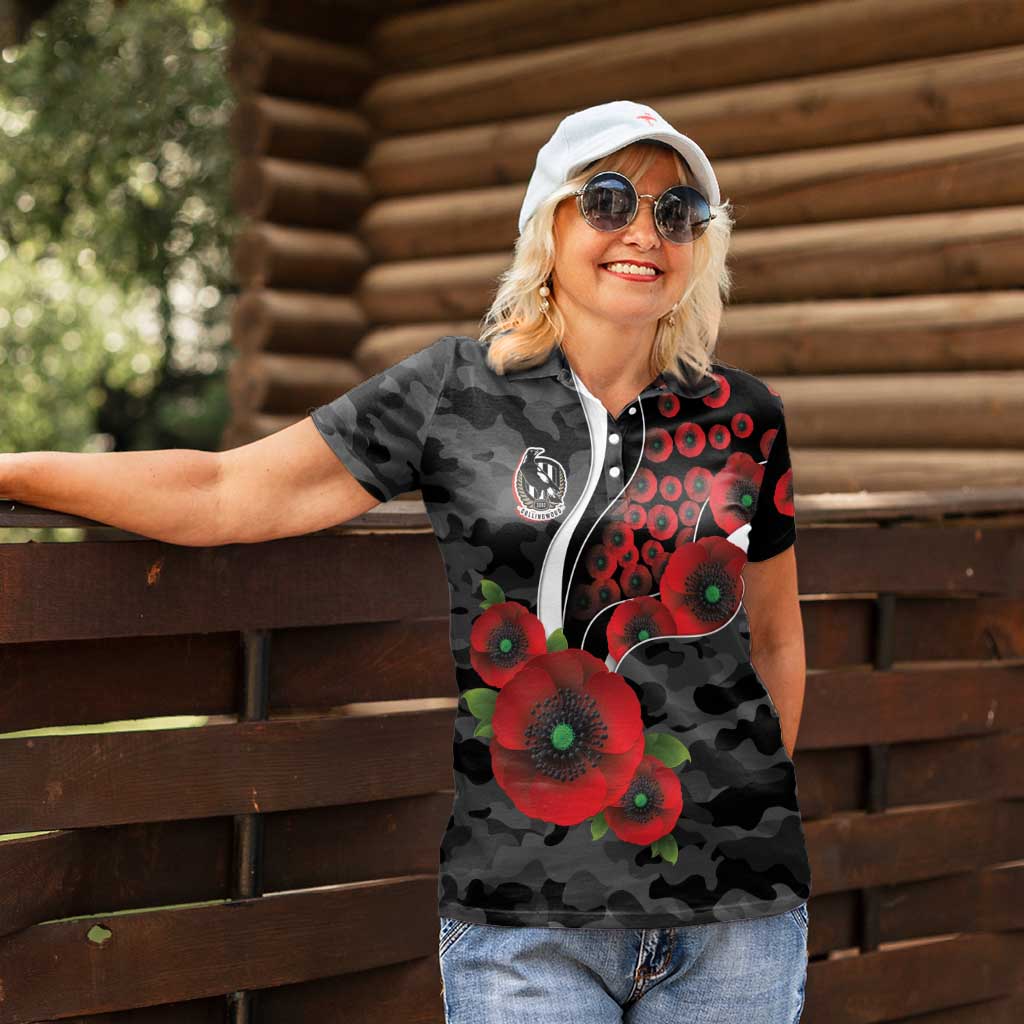 Collingwood Magpies ANZAC Personalised Women Polo Shirt Lest We Forget Poppy Camo