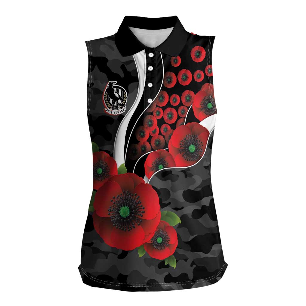 Collingwood Magpies ANZAC Personalised Women Sleeveless Polo Shirt Lest We Forget Poppy Camo
